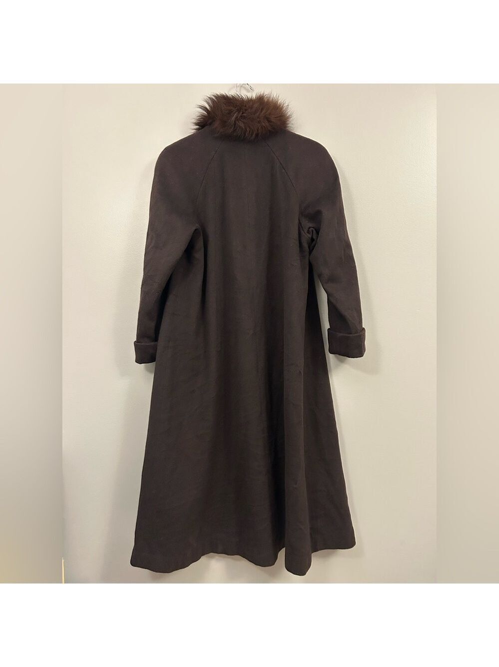 Lorovi Vintage Dark Brown Wool Trench Coat with Blue Fox Fur Collar Size 4 - Picture 3 of 11